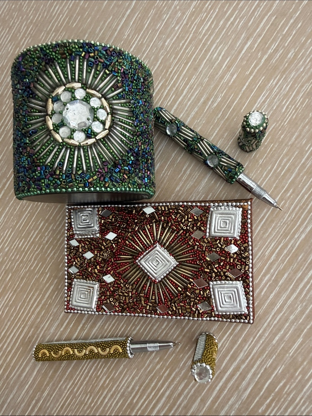 Handcrafted Set of 4 Embellished Beaded Pens and Matching Pencil Pen Pot Holder